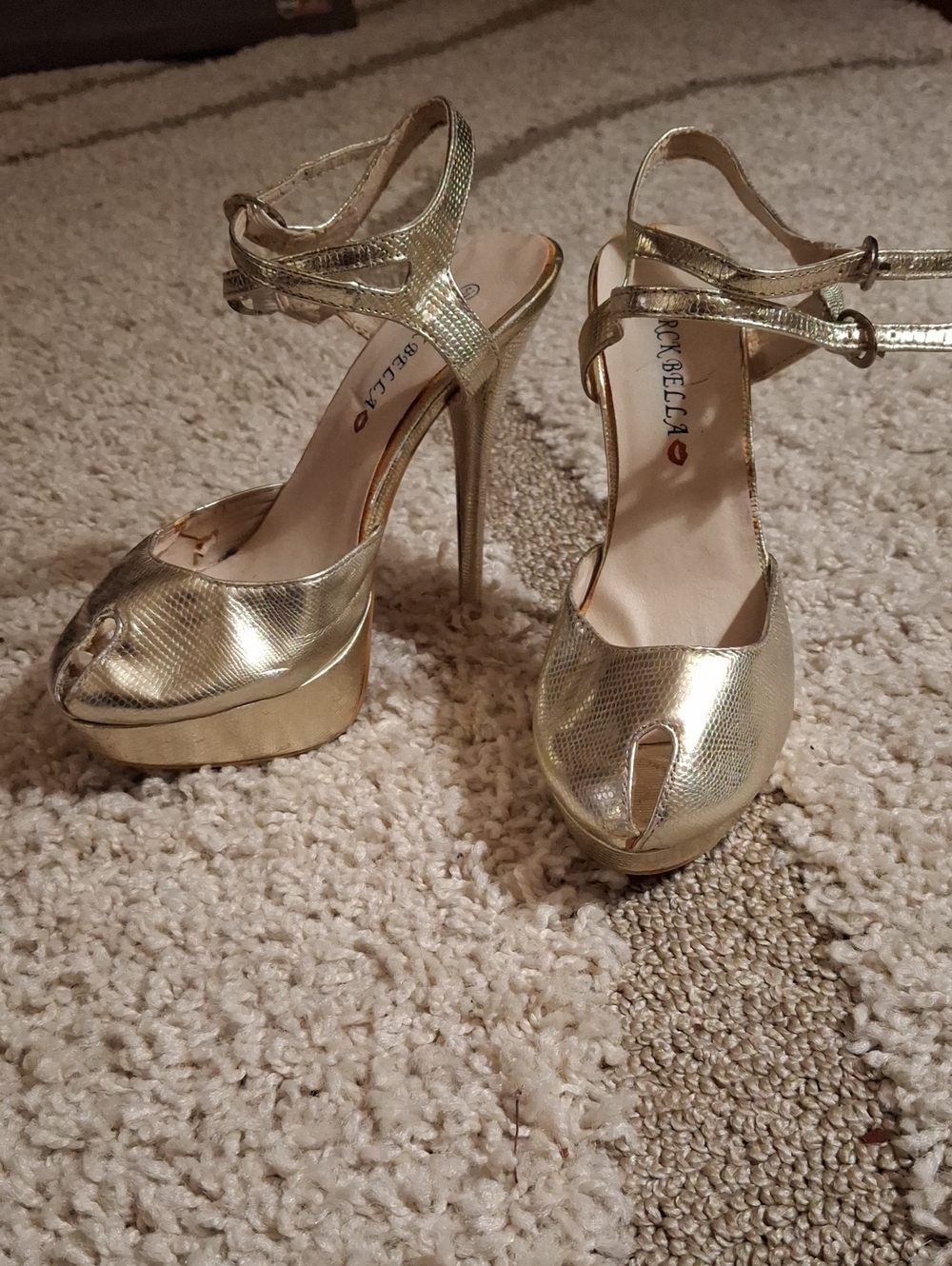 Gold Metallic Platform Peep-Toe Heels with Ankle Strap